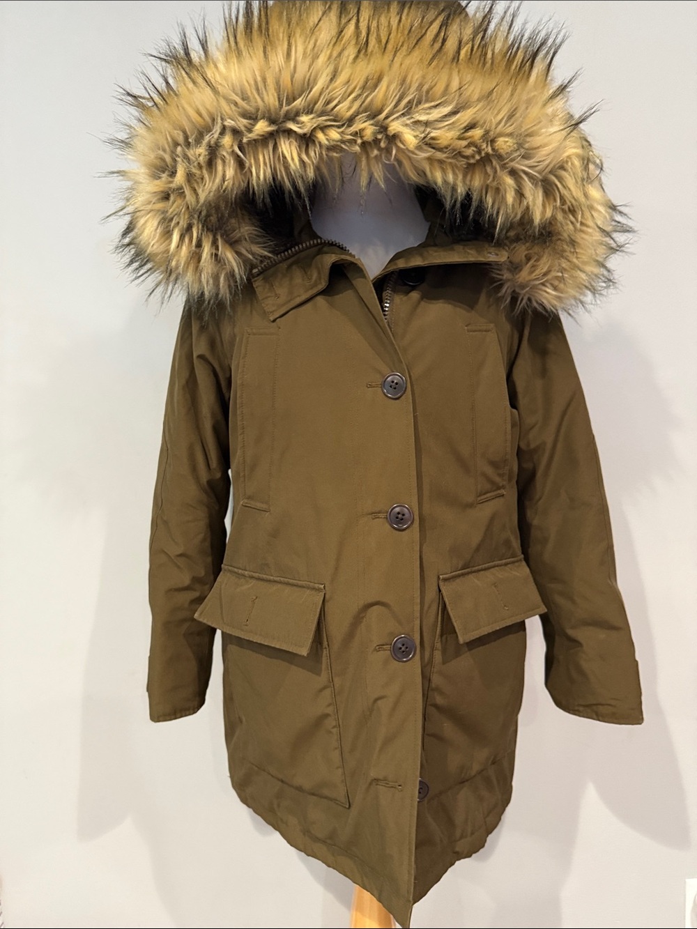 NWOT Jcrew Hooded Winter Parka in Olive with Faux Fur Trim- PM